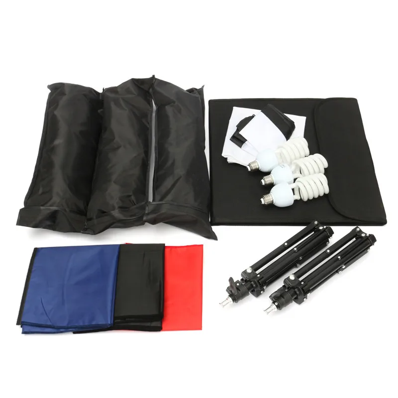 

1pc16" Cube Light Tent Carrying Case + 2pcs Tripod Stands + 4pcs Backgrounds + 3pcs 16"x16" Softboxes + 3pcs 45w Light