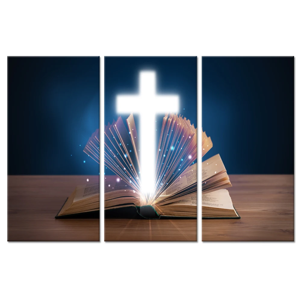 preço Arte Da Parede Da Lona 3 Peças Religiosas Espiritual Aberto Bíblia Sagrada com Brilhante Cruz Cristã Em Deck De Madeira Pintura Para decoração de Casa decoração