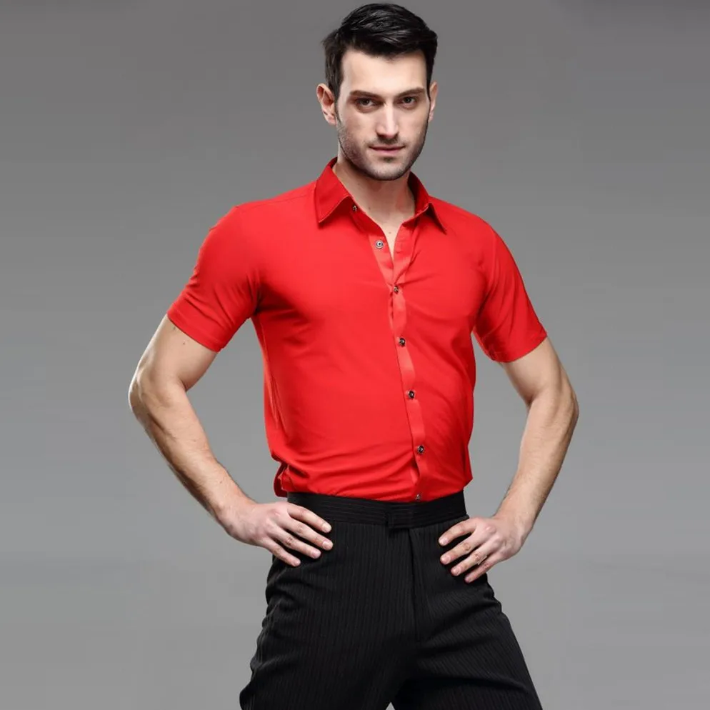 2019 New Men Ballroom Dance Tops Male Red Short Sleeves Latin Shirt Modern Dance Clothing Cha