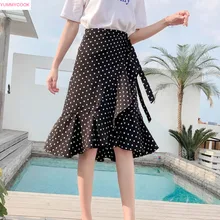 Летняя юбка Женская Корейская стильная винтажная волнистая точка в горошек тонкая шнуровка Высокая талия юбка черный шифон рыбий хвост юбка 519