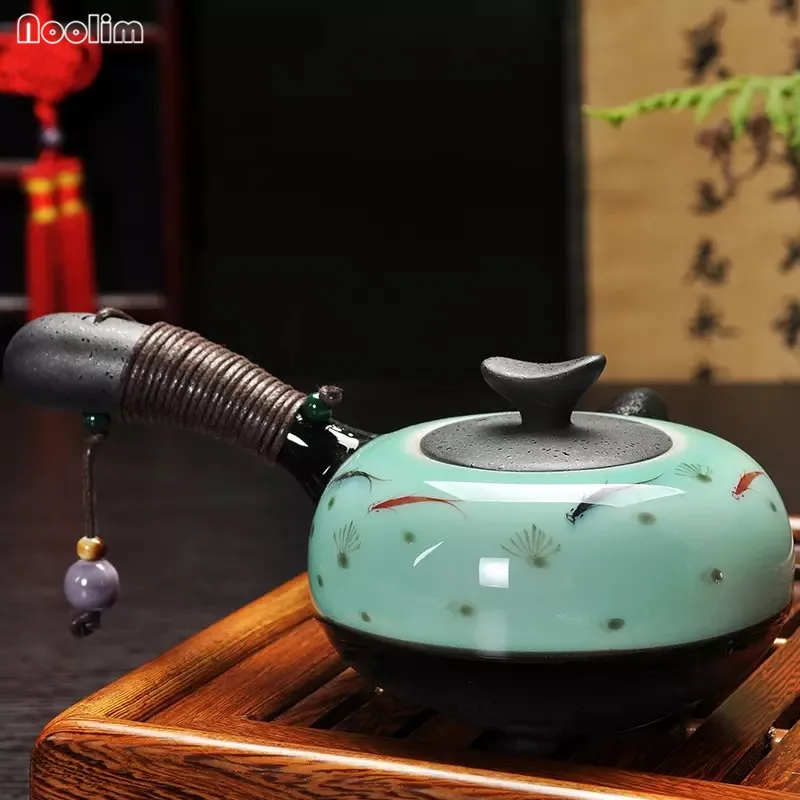 NOOLIM Yixing керамический чайный горшок в китайском стиле, чайный горшок с деревянной ручкой, винтажный чайный набор кунг-фу с ручной росписью в виде лотоса