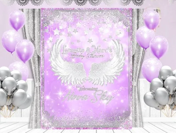 Custom Cielo Inviato Ali Argenteo Star Sparkly Del Bambino Doccia Sfondo Viola Di Stampa Del Computer Partito Sfondo