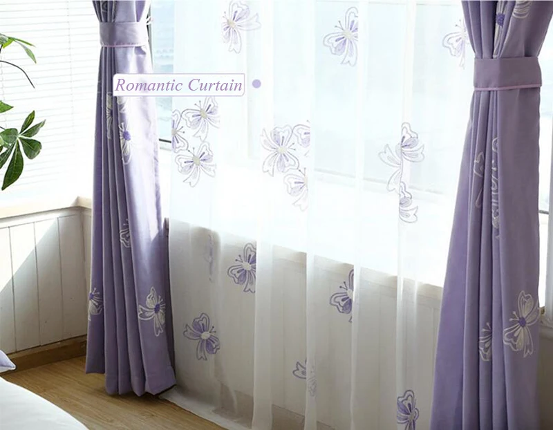 Фиолетовые шторы с белой бабочкой, с вышивкой, вуаль, на окно, современные, для гостиной, сельские шторы, льняные, отвесные ткани, Cortinas X067#30