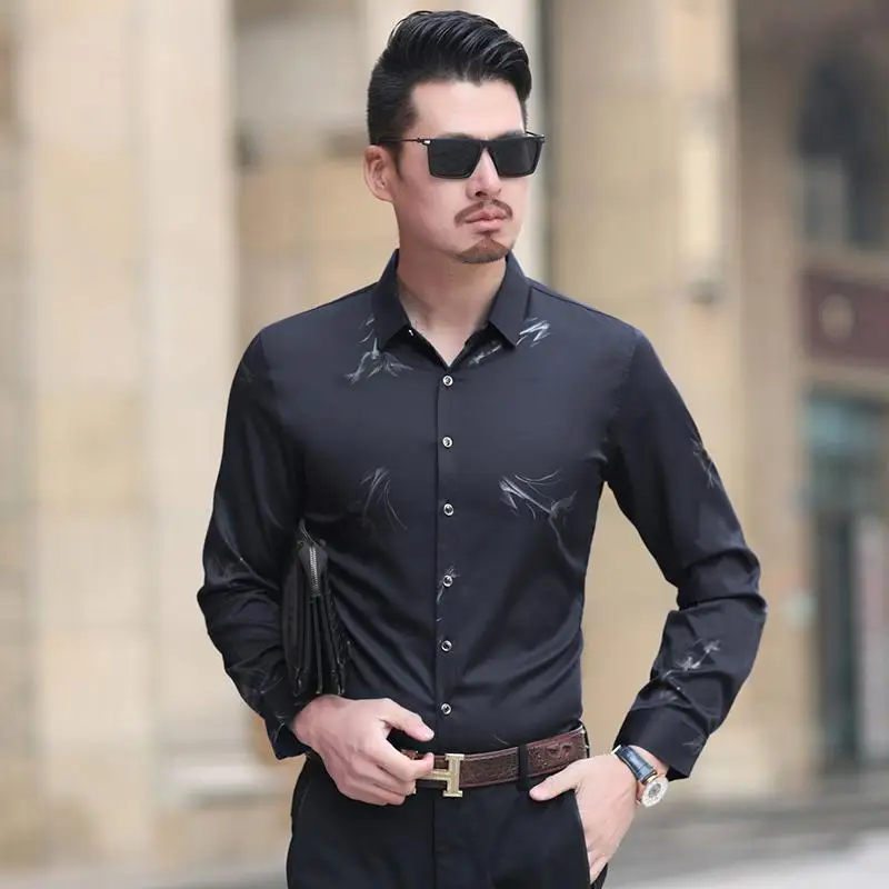 

Fashion Blouse Men Casual New Model Shirts Long sleeve Hawaiian Shirt Men's Clothing Purple Black