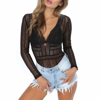 

Sexy Black Lace Womens Long Sleeve Bodysuit Women V Neck Backless Skinny Beautiful Jumpsuit Romper Overalls Coveralls Playsuit