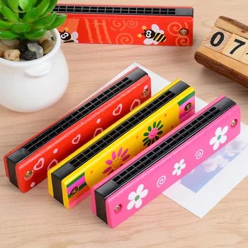 

1 Piece 13cm Kids Cute Flower Wood Plastic 16 Holes Harmonica Toy Fun Double Row Musical Early Educational Toy Random Color