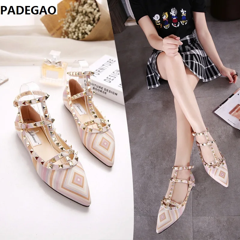 

34-43 large size Europe and the United States foreign trade striped colorful color matching buckle rivet pointed flat shoes