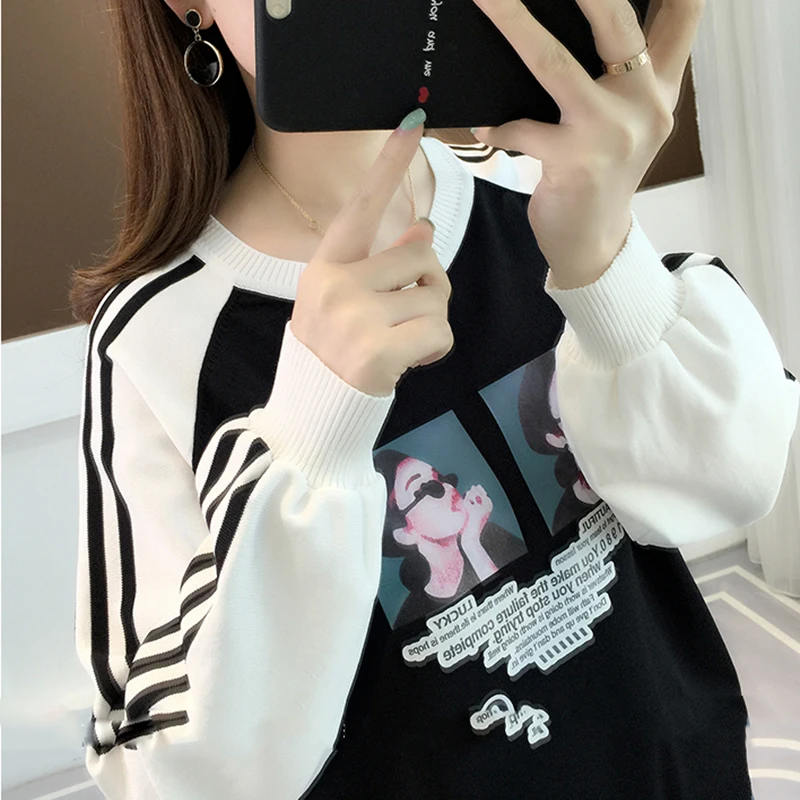 

Fannic Women's Autumn Winter Knit O-Neck Sweater High Elastic Patten Print Pullover Women's Slim Casual Tight Base Knit