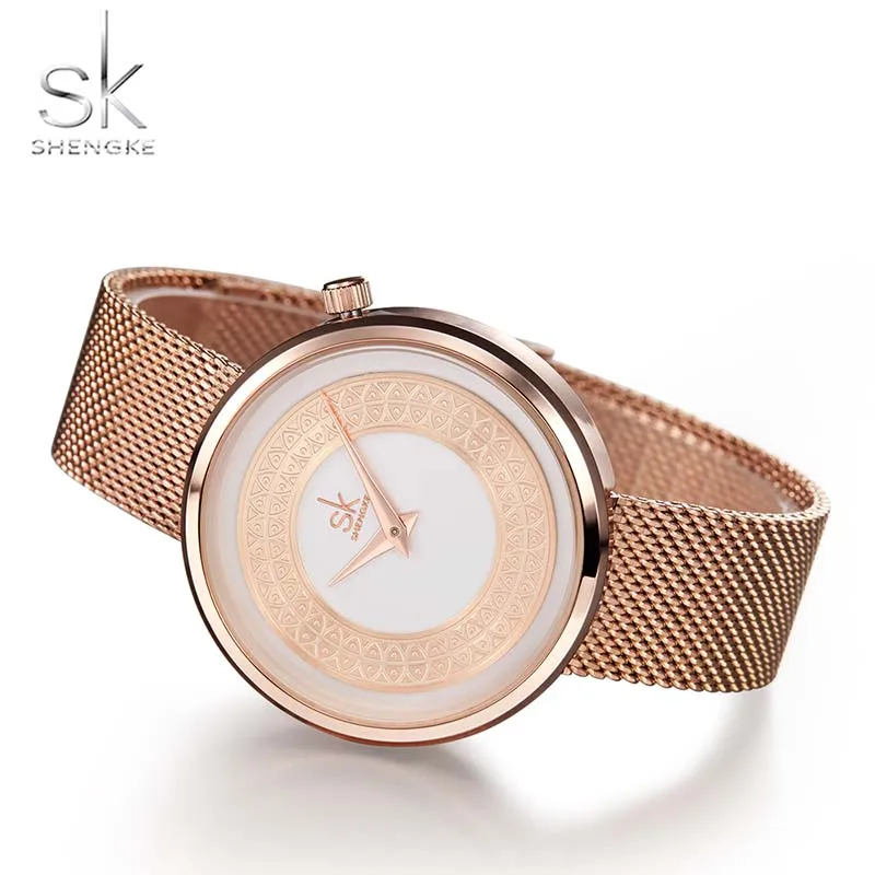 Skup Luksusowe kobiety zegarki siatka ze stali nierdzewnej pasek kwarcowy zegarek Shengke marka kobiety Montre Femme SK panie zegar Relogio Feminino