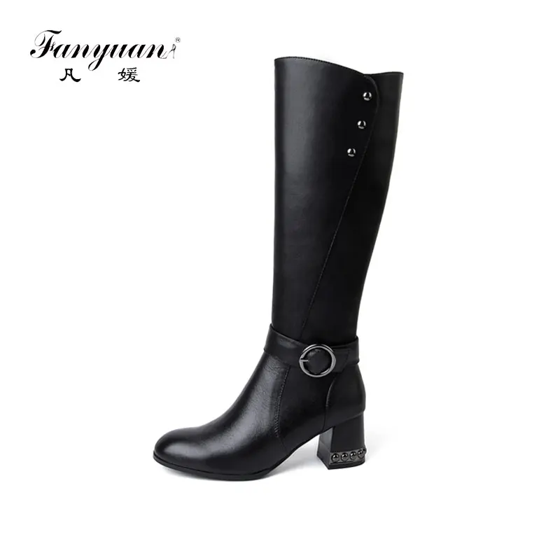 Zip En Noir Talon À Genou Moto Mode Black Chaussures Confort Véritable Femmes Ceinture Bottes Du Hauteur Cuir Boucle Fanyuan Haute Rivet qg0xzgP