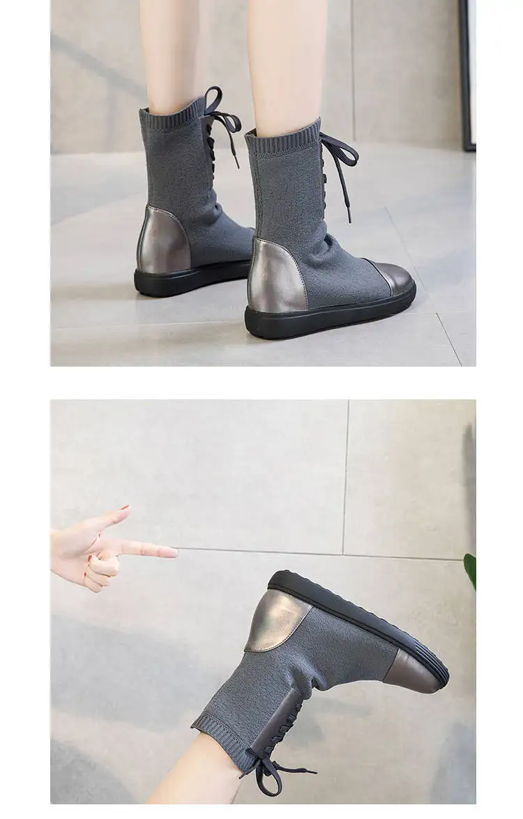 2018 Autumn And Winter Boots Women's Leather Increased Thick Bottom Elastic Boots Med-HeelFashion Winter Ankle Boots WomenM8D156 (21)
