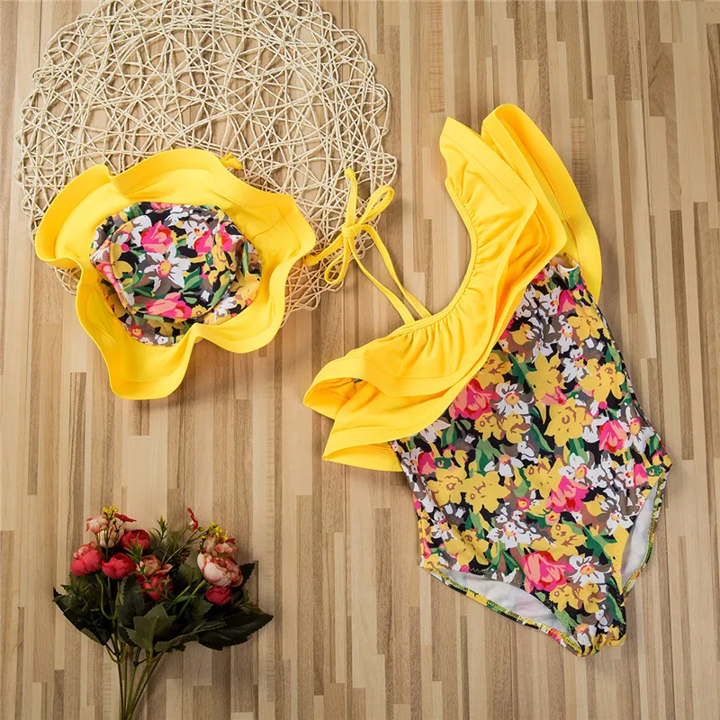 Baby Girl Swimsuit Bikini One Piece Summer Yellow Floral Printed Swimwear Jumper Jumpsuit+Hat 2Pcs Outfit Children Swimsuit