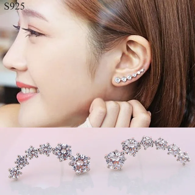 

100% Genuine Real Pure Solid 925 Sterling Silver Earrings for Women Jewelry Ear Cuff Cubic Zircon Female Stud Earrings Bijoux