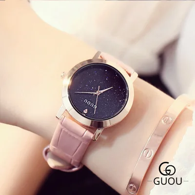 

HK Brand GUOU Quartz Watch Women Rhinestone Dress Watches bayan saatleri Genuine Leather strap Waterproof Watch Relogio feminino