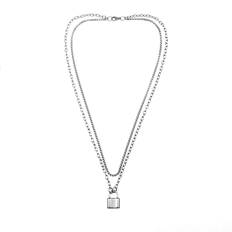 Двухслойное ожерелье в стиле хип-хоп рок из нержавеющей стали серебряного цвета с квадратным замком для мужчин и женщин, фирменное ювелирное изделие - Окраска металла: Steel color