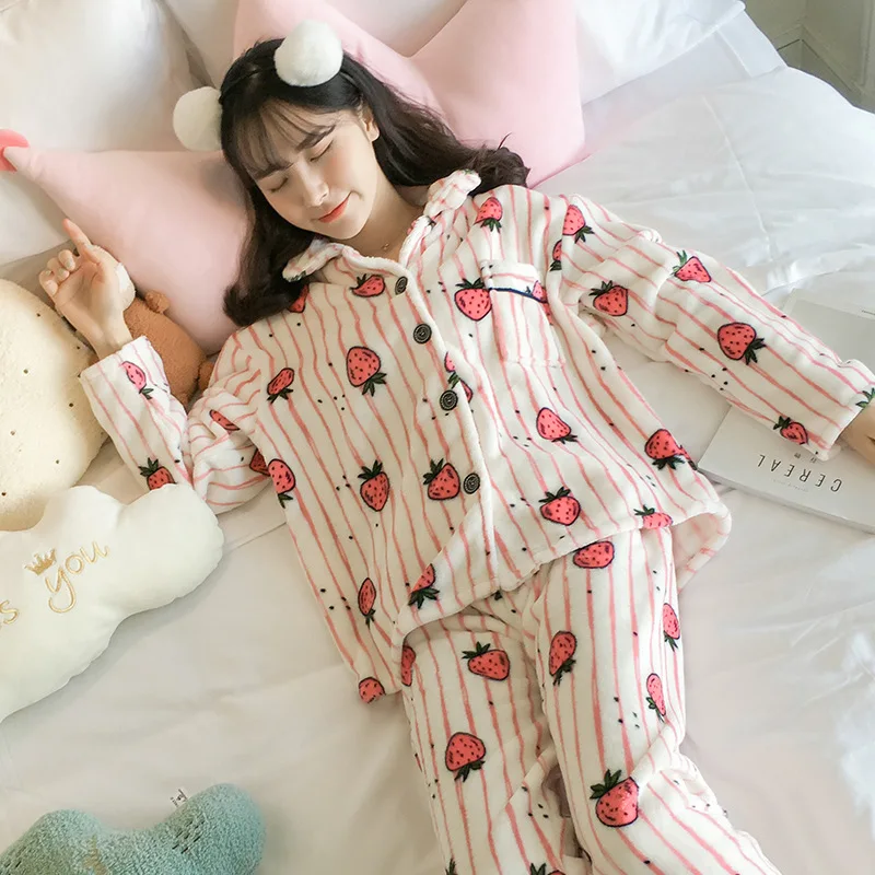 Pijamas de Mujer ropa de dormir pijamas de invierno mujeres espesar caliente franela манга larga ropa de dormir conjunto