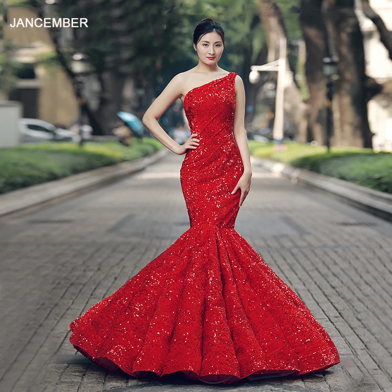 

J66574 jancember элегантное вечернее платье русалки на одно плечо длиной до пола, красное свадебное вечернее платье для невесты