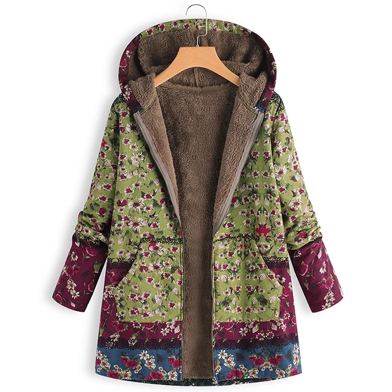 ZANZEA зимние женские толстовки Плюшевые Пушистые Пальто повседневные куртки с длинным рукавом и цветочным принтом с капюшоном из искусственного меха Флисовая теплая верхняя одежда - Цвет: Зеленый