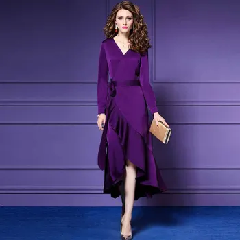 

2019 Spring Womens Clothing Knit Party Dress Autumn Plus Size Women Lady Long Sleeve Dress Deep V-Neck Asymmetry Sexy Dresses