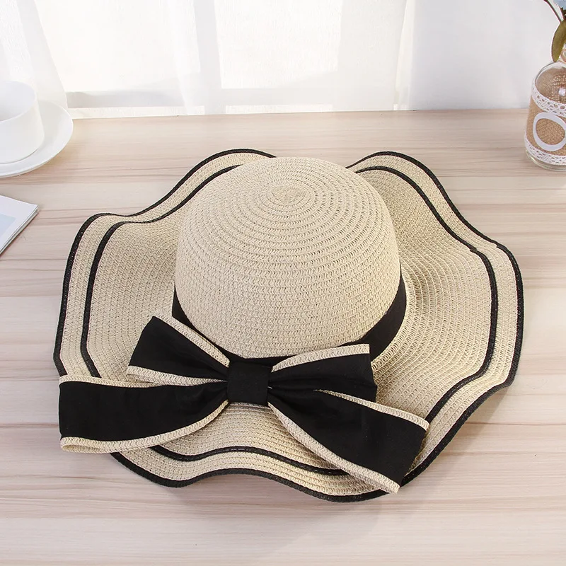 Новая мода Панама шляпа большой волнистый край летняя бейсболка соломенные шляпы женская летняя шляпа от солнца бант-узел ленты складной
