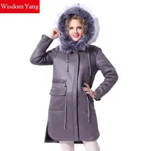 Wisdom Yang Women’s Winter Overcoats Imitation Fox Fur Hooded Long Grey Embroidery Flocking Drawstring Warm Coats 2017 Plus Size