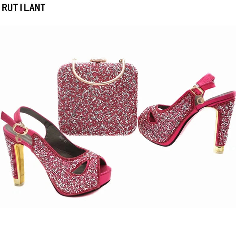 

Latest Fuchsia Color High Heel Shoes Shoes and Bag Set Decorated with Rhinestoe African Woman Matching Italian Shoe and Bag Set