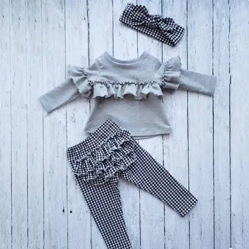Toddler Kids Baby Girl clothes Ruffle long sleeve Tops + plaid Pants Leggings +headband 3Pcs Outfits Clothes set Toddler Kids Baby Girl clothes Ruffle long sleeve Tops + plaid Pants Leggings +headband 3Pcs Outfits Clothes set