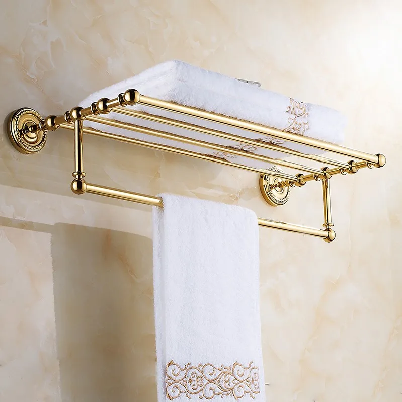 Luxury Gold Color Brass Wall Mount Shelf Towel Rack Bath Rails Hanger Storage Towel Bars Holder Bathroom Accessories ZD766