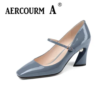 

Aercourm A 2018 Women buckle strap Fashion Shoes Female Bright Genuine Leather Shoes Pearl High Heel Pumps Square head Shoes 337