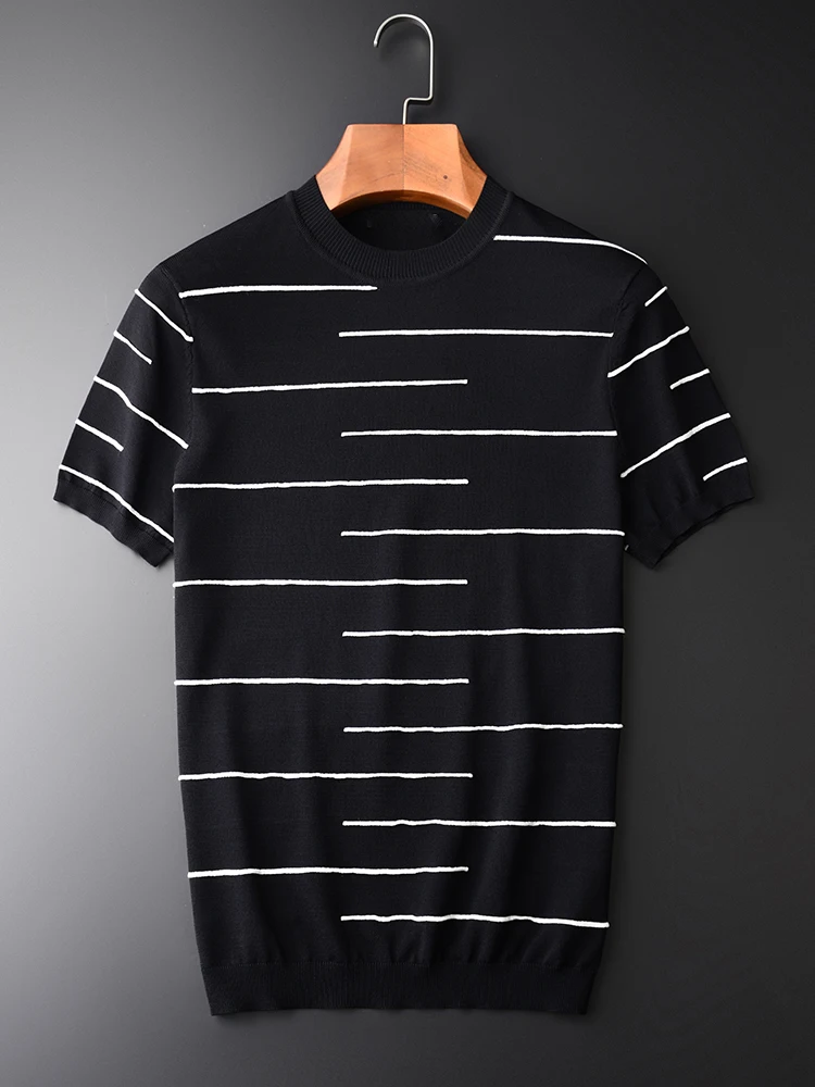 

Minglu Summer Thin Knitted Short Sleeve Men's T-shirts Black Striped Round Collar Slim Men's T-shirts M L XL 2XL 3XL 4XL