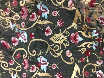 

LASUI HOT SALE Good quality Multicolor Gold thread high density embroidery lace black mesh X0141