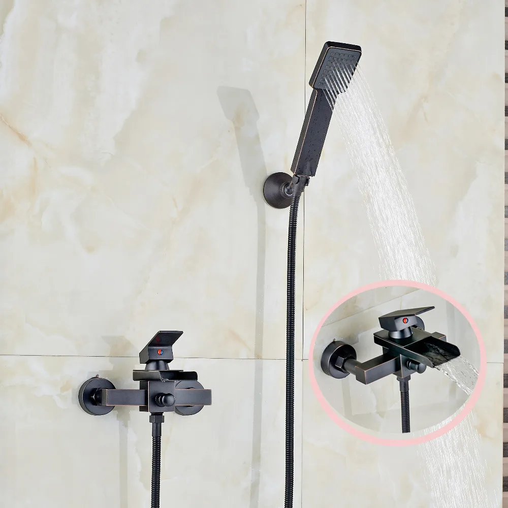 Wall Mount Oil Rubbed Bronze Waterfall Bathroom Faucet W/ Hand Sprayer Mixer Tap