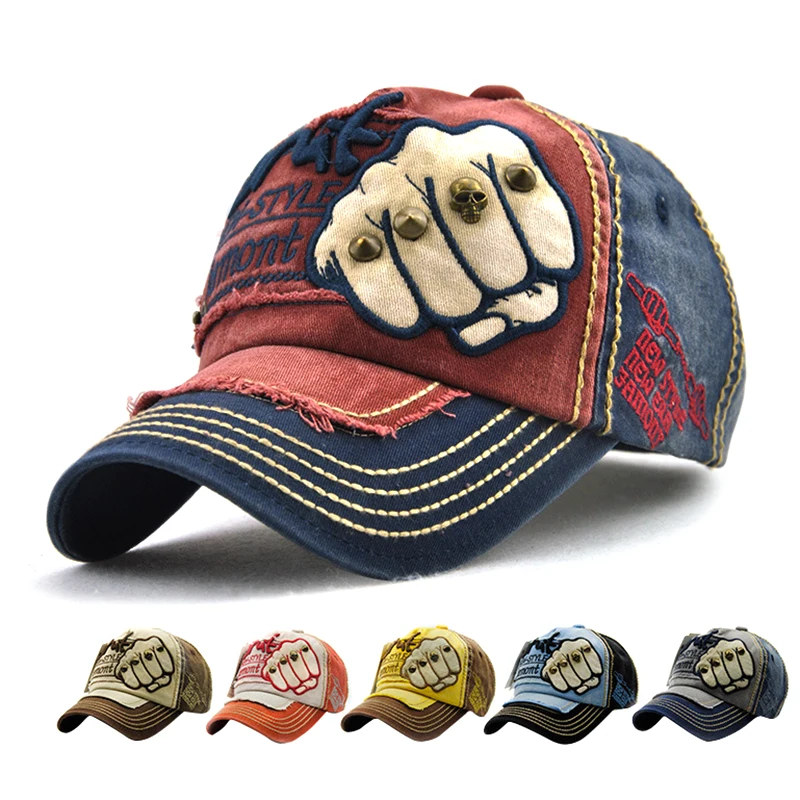 Модные Повседневное деним Кепки унисекс Бейсбол Кепки заклепки Мощность кулак узор Регулируемый хлопок уличной хип-хоп Snapback шляпу для