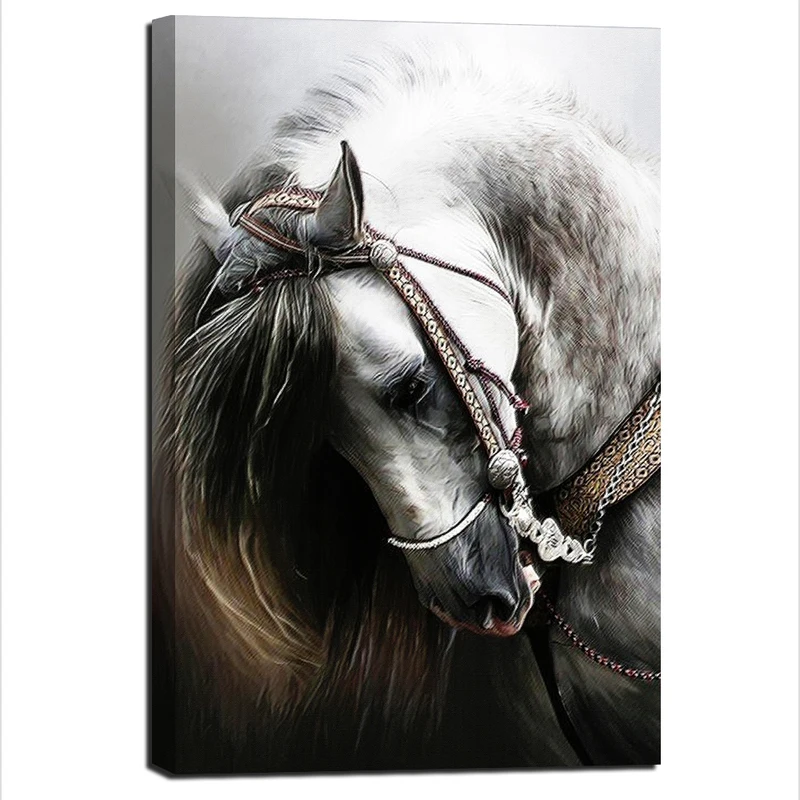 Animal Canvas Wall Art Modern Painting, Snow White Horse Head Art Wall Decor Canvas Prints for