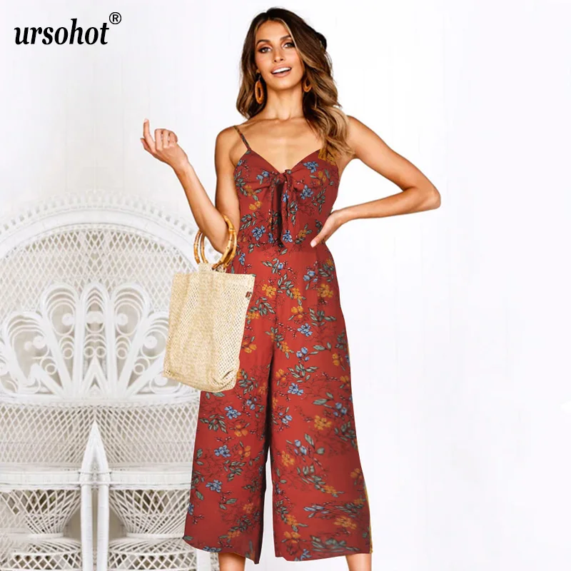 Ursohot Floral Print Jumpsuit Sleeveless V Neck Playsuit Pocket Spaghetti Strap Rompers Beach Loose Summer Overalls For Women | Женская