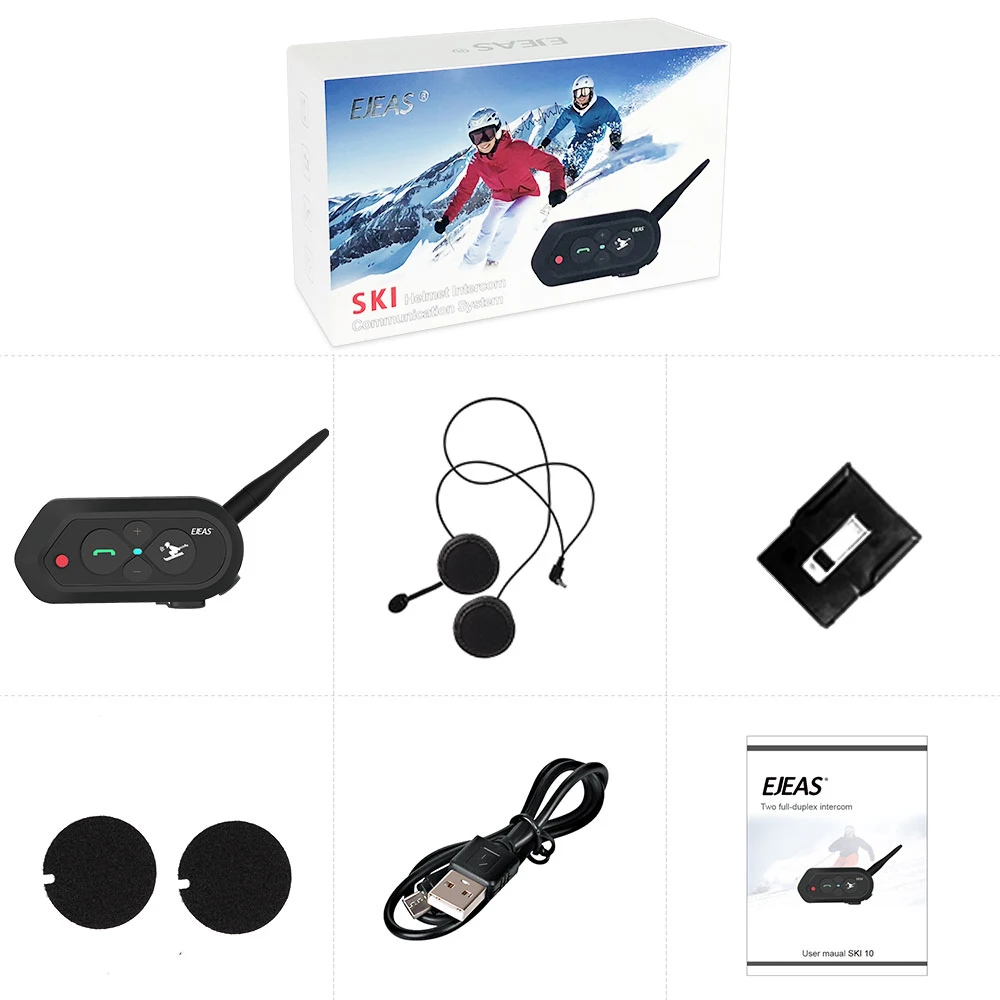 

EJEAS SKI10 1200m Bluetooth Helmet Intercom Headset Walkie Talkie 500mAh AUX Auo Reconnection Firmware Upgradeable for 2 Skiers