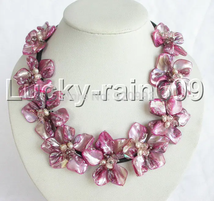 

Wholesale Free P&P****handmade light pink shell flower pearls leather Choker necklace