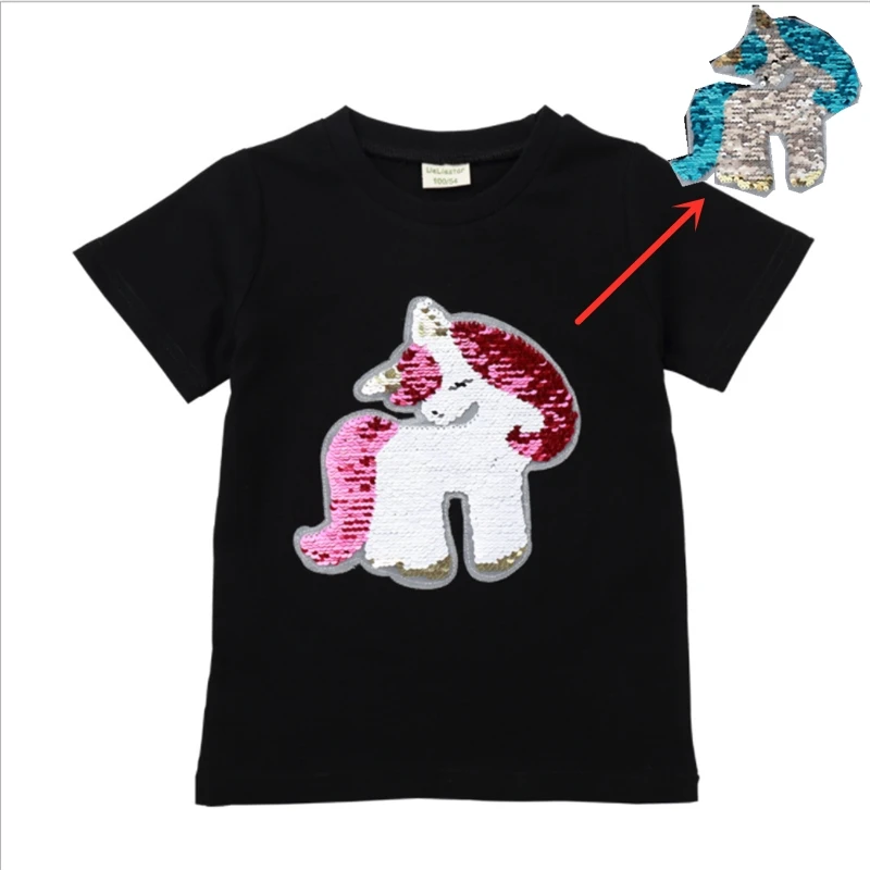

new hot girls tops change color face magic discoloration T-shirts cute sequin unicorn horse pony boy t shirt for girl gifts 2-8Y