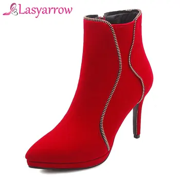 

Lasyarrow Zipper Botas Mujer High Heels Pointed Toe Black Red Wedding Shoes Sapatos Femininas Autumn Winter Ankle Boots F346