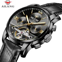 AILANG Механические Мужские наручные часы Автоматические Ретро часы мужские водонепроницаемые черные кожаные часы с турбийоном часы Montre Homme