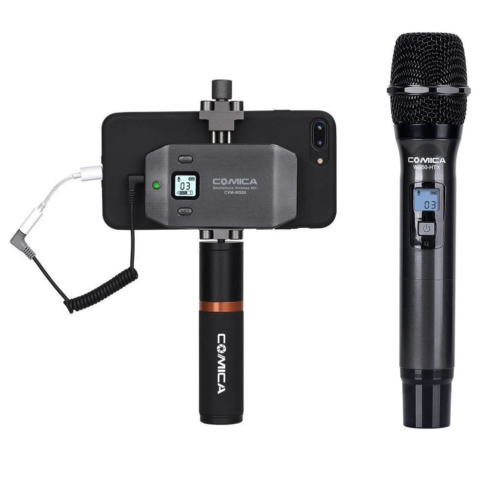 

CoMica CVM-WS50H Handheld Wireless Microphone for Smartphone 6Channels 60M Working Range Precise Control Video Interview Podcast