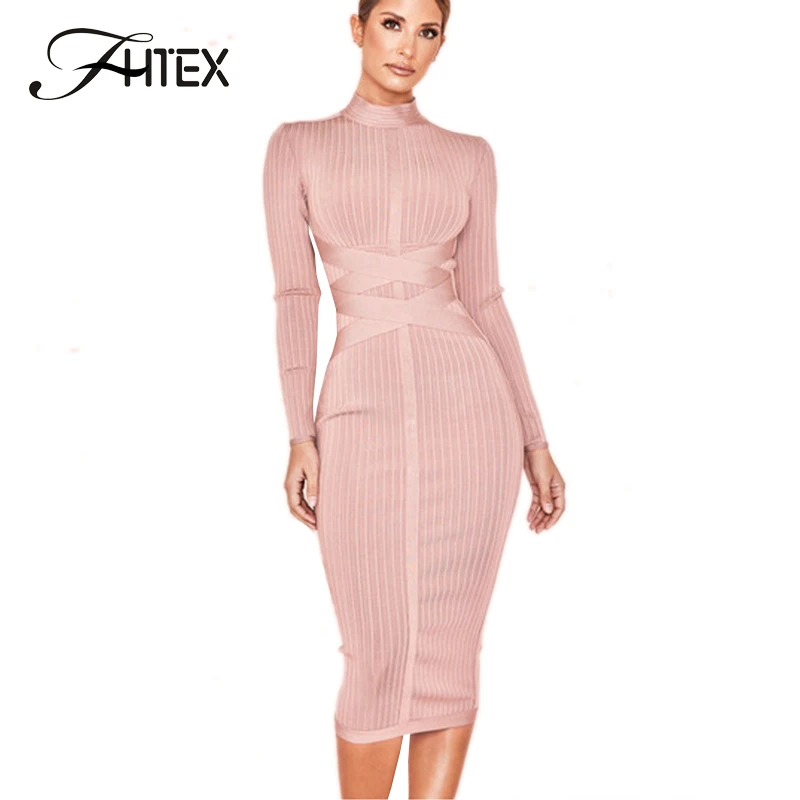 FHTEX الصلبة عالية الرقبة غمد Bodycon حزب اللباس النساء الخصر كريسس الصليب تونك سليم صالح فستان كاجوال مكتب قلم رصاص ميدي اللباس