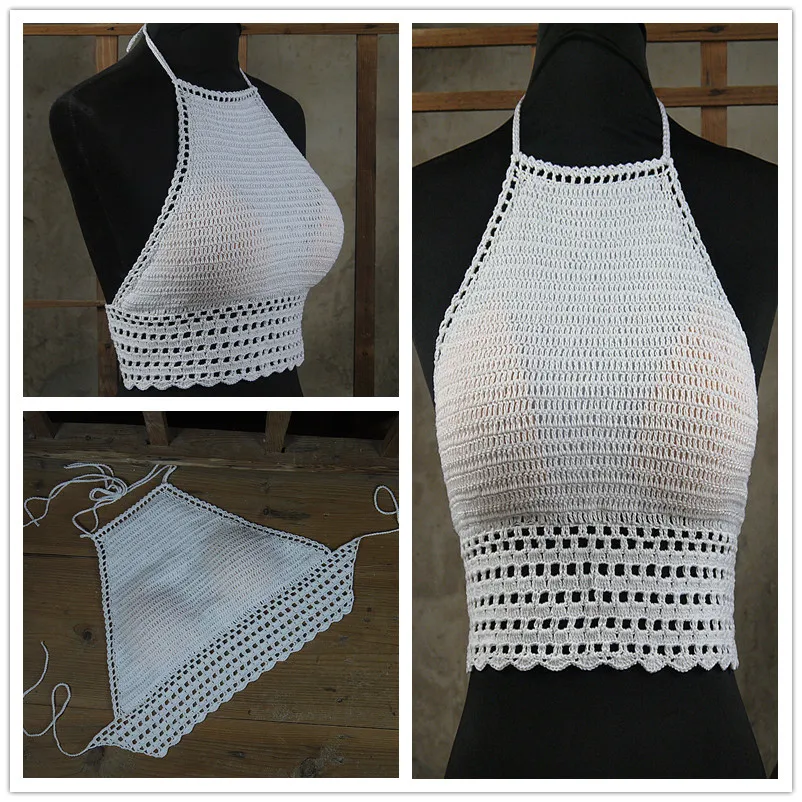 

Vintage Cotton Crochet bikini crop top, knitted bathing suits crop tops, beachwear, Spa Hotel halter Top, S / M / L