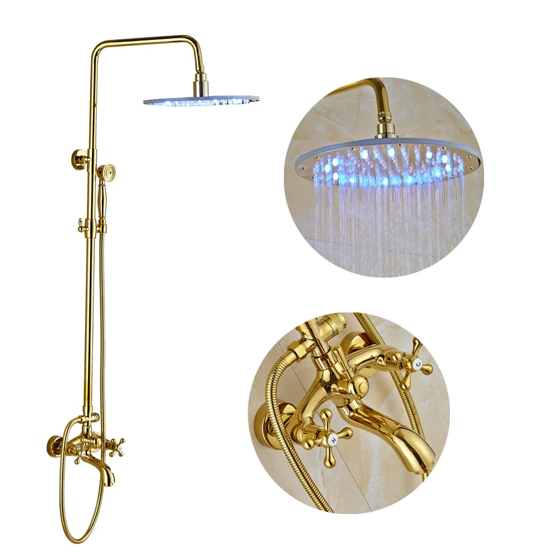 

Luxury Bathroom Shower Faucet 8" LED Rainfall Shower Head Double Handles Mixer Tap with Hand Shower Gold