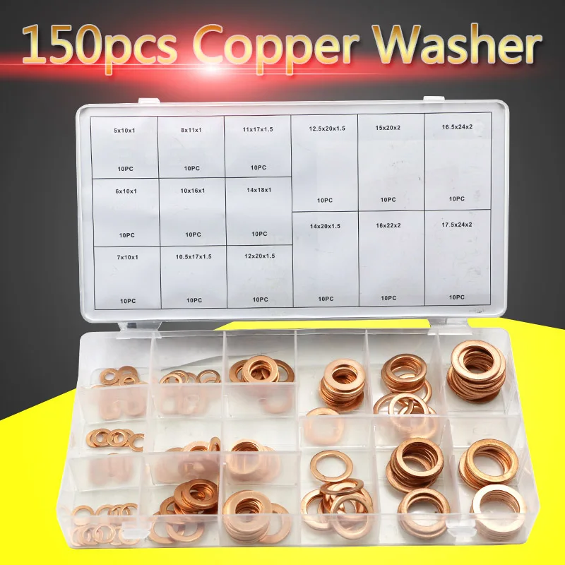 

150 Pieces/box of Copper Washers Washer Assemblies Flat Ring Seals Assembly Kit M5-M22 with Boxes for Hardware Accessories