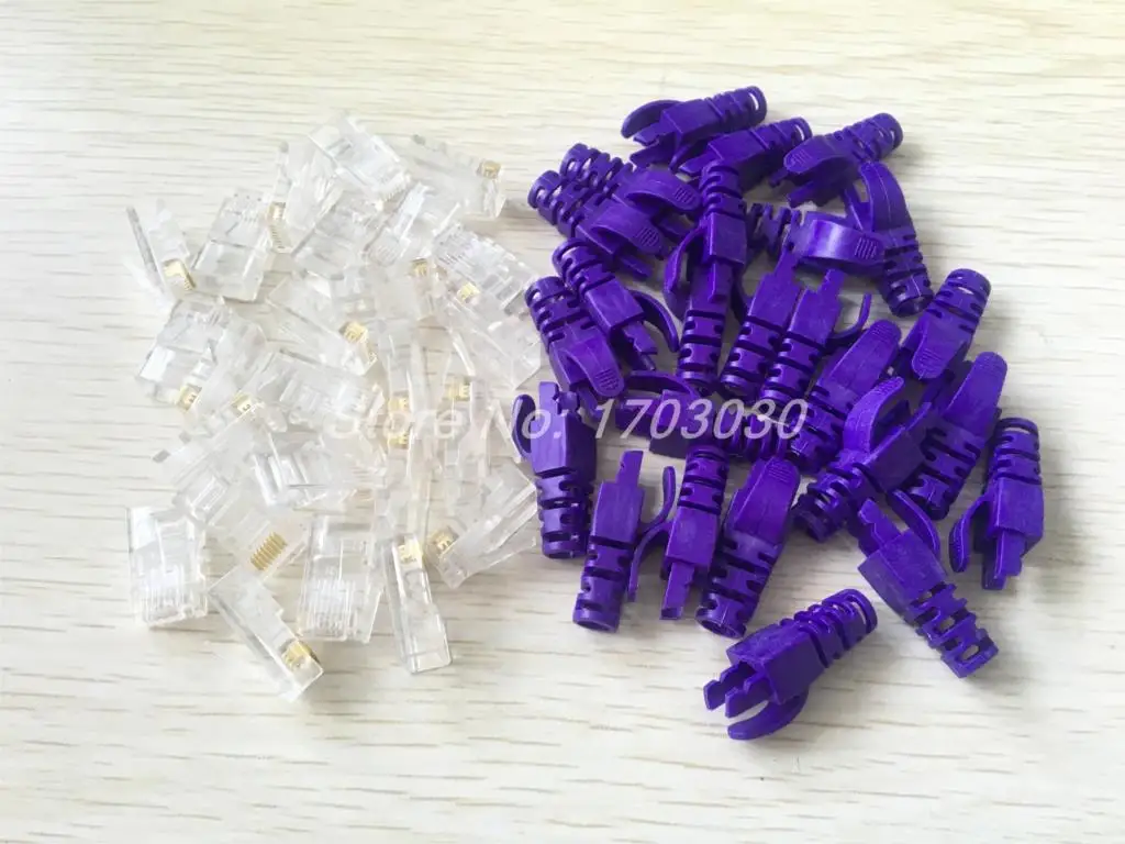 

25 Sets RJ45 Network Plug Connector w Purple Boot Cover for Cat5 Cat5e Cable