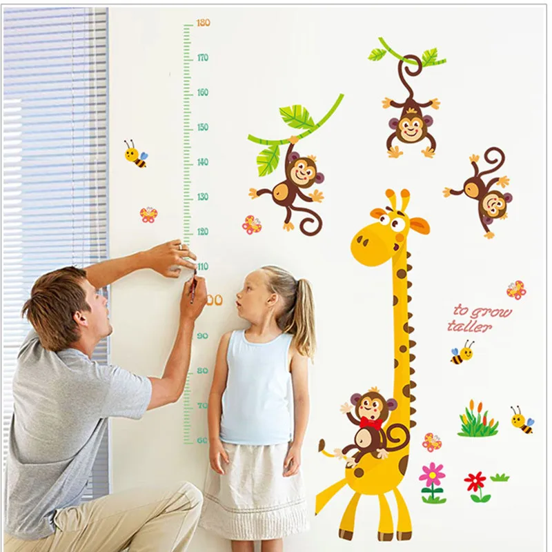 الكرتون الطفل ارتفاع قياس الحيوان ملصقات الحائط لطيف الزرافة قرد النحل نوم ديكور الاطفال النمو الرسم البياني خزانة ملصقا