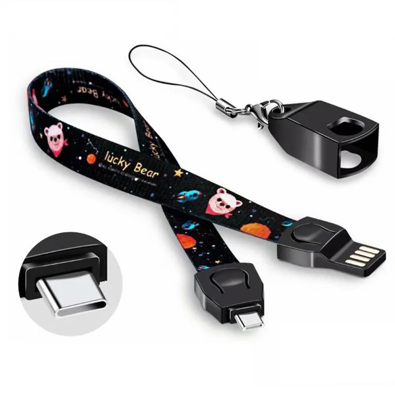 

Outdoor Portable USB Charging Cable Mobile Phone Cartoon Lanyard Neck Wrist Phone Strap Type C Micro Keychain For iPhone Samsung