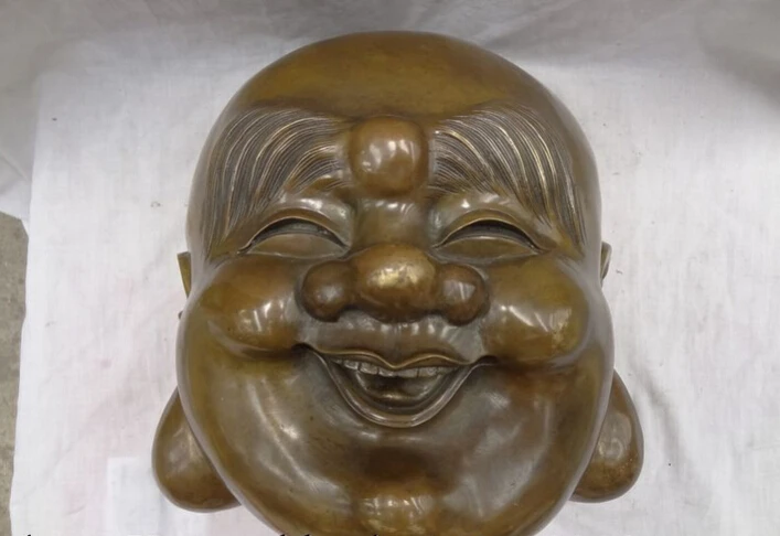 

fast shipping USPS to USA S1567 15"China Bronze Buddhism Collect Happy Laughing Maitreya Buddha Head Face Statue