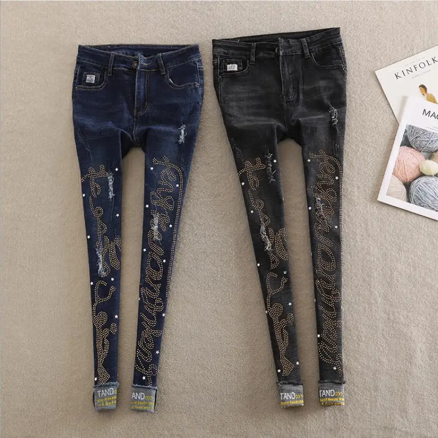 

wholesale fashion brand Manually worn hole diamond beading stretch jeans female street style letters diamond pencil jeans wq2199